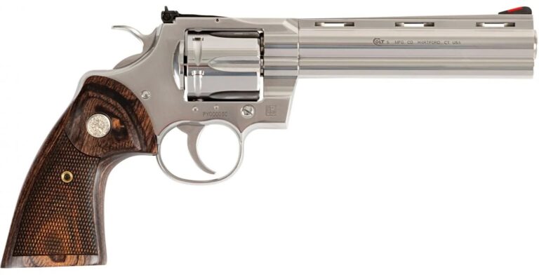 Colt Python .357 Magnum Revolver, 6″ Stainless, Walnut Grip, 6 Shot – 6 Rounds | 6″ Barrel | Wood Grips | Stainless/Silver