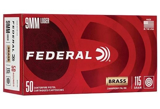 Federal Champion 9mm 115gr Full Metal Jacket 50rd box – Brass Casing