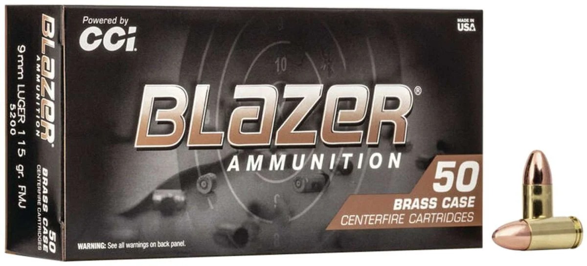CCI Blazer Brass 9mm Ammo 115gr Full Metal Jacket 50 Round Box - Brass Casing
