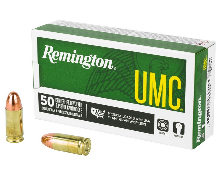 Remington UMC Full Metal Jacket 9mm Ammo 115 gr 50 Round Box – Brass Casing